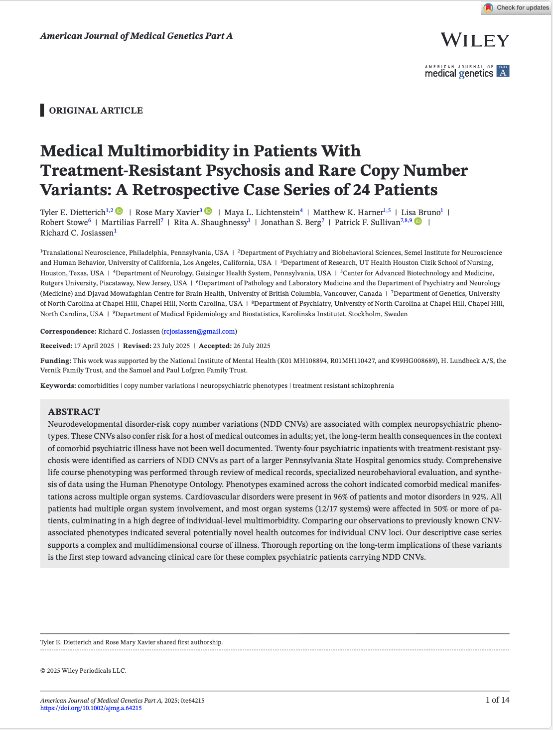 Medical Multimorbidity in Patients With Treatment-Resistant Psychosis and Rare Copy Number Variants